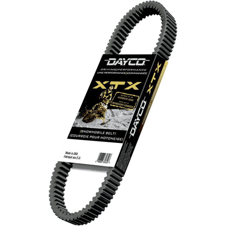 XTX5014 XTX Drive Belt for Snowmobiles by Dayco, shown in black with yellow text, featuring a picture of a man on a snowmobile, designed for high performance and durability.