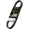 XTX5020 XTX Drive Belt for Snowmobiles by Dayco, featuring a black belt with yellow text and a man on a snowmobile image on the packaging, highlighting its high-performance design.