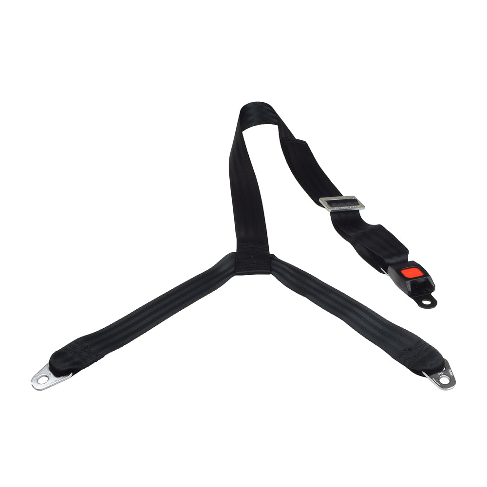 Securement Strap For Pride Silver Star Backpacker Series Vehicle Lifts, featuring a black nylon Y-strap with an adjustable tension and a red automotive-style push buckle for easy release.