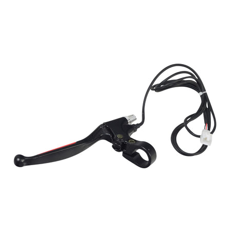 Left 2-Wire Black Aluminum Brake Lever for scooters, featuring a black handlebar attachment with visible wires and screws, designed for left-side installation on various electric and gas scooter brands.