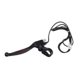 Left 2-Wire Black Aluminum Brake Lever for the Swagtron EB5 Pro Electric Bike, featuring a black handlebar with attached wires and a cable, shown with a white connector and provided splice connectors.