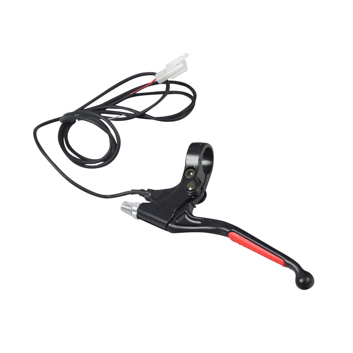 Left 2-Wire Black Aluminum Brake Lever designed for scooter handlebars, featuring a black and red handlebar, a visible cable, and a white connector, ensuring compatibility with various electric and gas scooters.