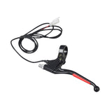 Left 2-Wire Black Aluminum Brake Lever designed for scooter handlebars, featuring a black and red handlebar, a visible cable, and a white connector, ensuring compatibility with various electric and gas scooters.