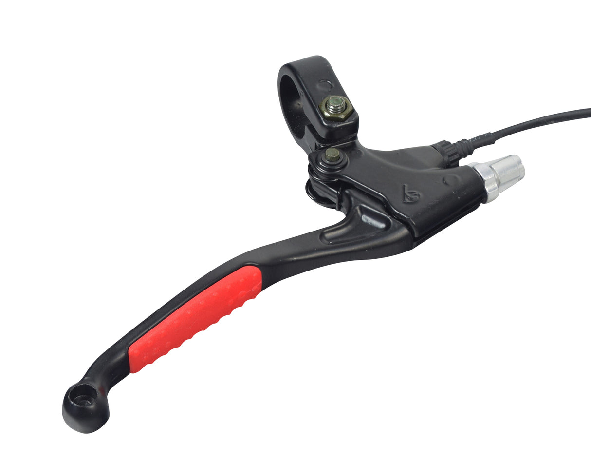 Left 2-Wire Black Aluminum Brake Lever with a red handle, designed for the left side of scooters, featuring a black metal ring with a bolt for attachment and a close-up of the brake lever mechanism.