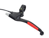 Right 2-Wire Black Aluminum Brake Lever for right-side use on scooters and mini bikes. Features a red handle and visible wire attachment, suitable for eZip, EVO, iZip, Monster Moto, and Schwinn.