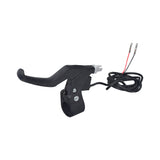 Long Handle Black Plastic Left Side Brake Lever with Wires, featuring a black handlebar, silver adjustment screw, and a 2-wire connection. Ideal for electric scooters, bikes, and ride-ons.