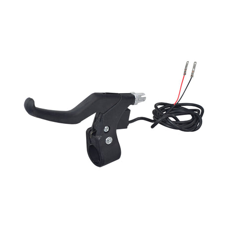 Long Handle Black Plastic Left Side Brake Lever with Wires, featuring a black handlebar, silver adjustment screw, and a 2-wire connection. Ideal for electric scooters, bikes, and ride-ons.