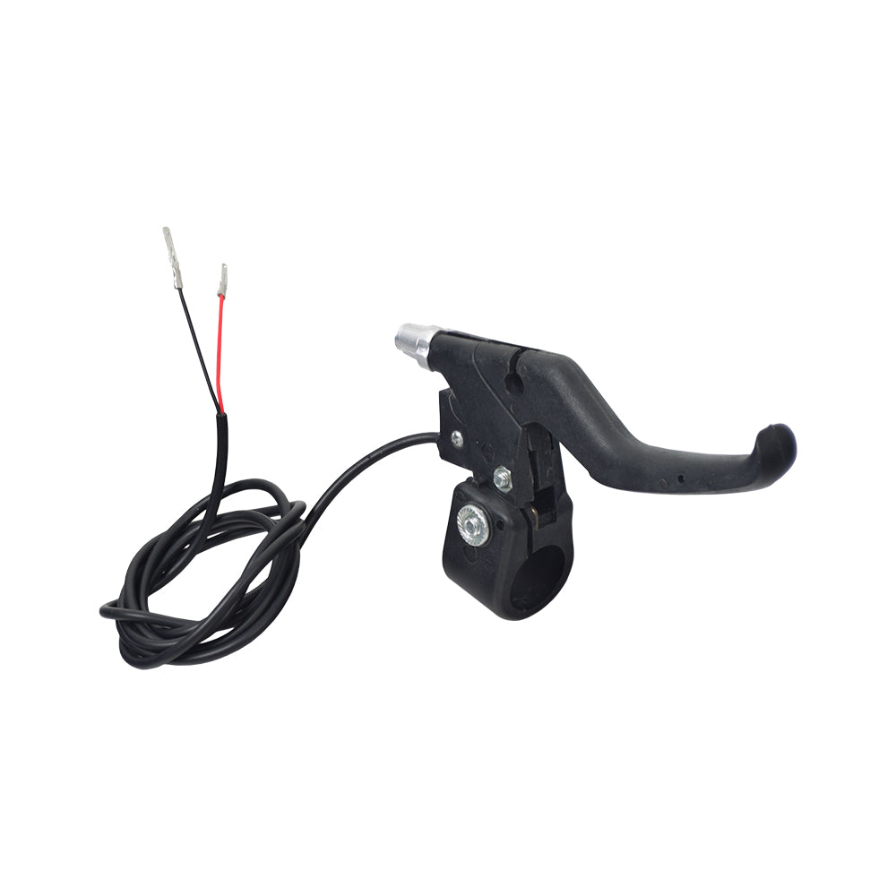 Brake Lever for the Razor PowerRider 360 with black handle, silver adjustment screw, red and black wires, and built-in return spring for left-hand handlebar.