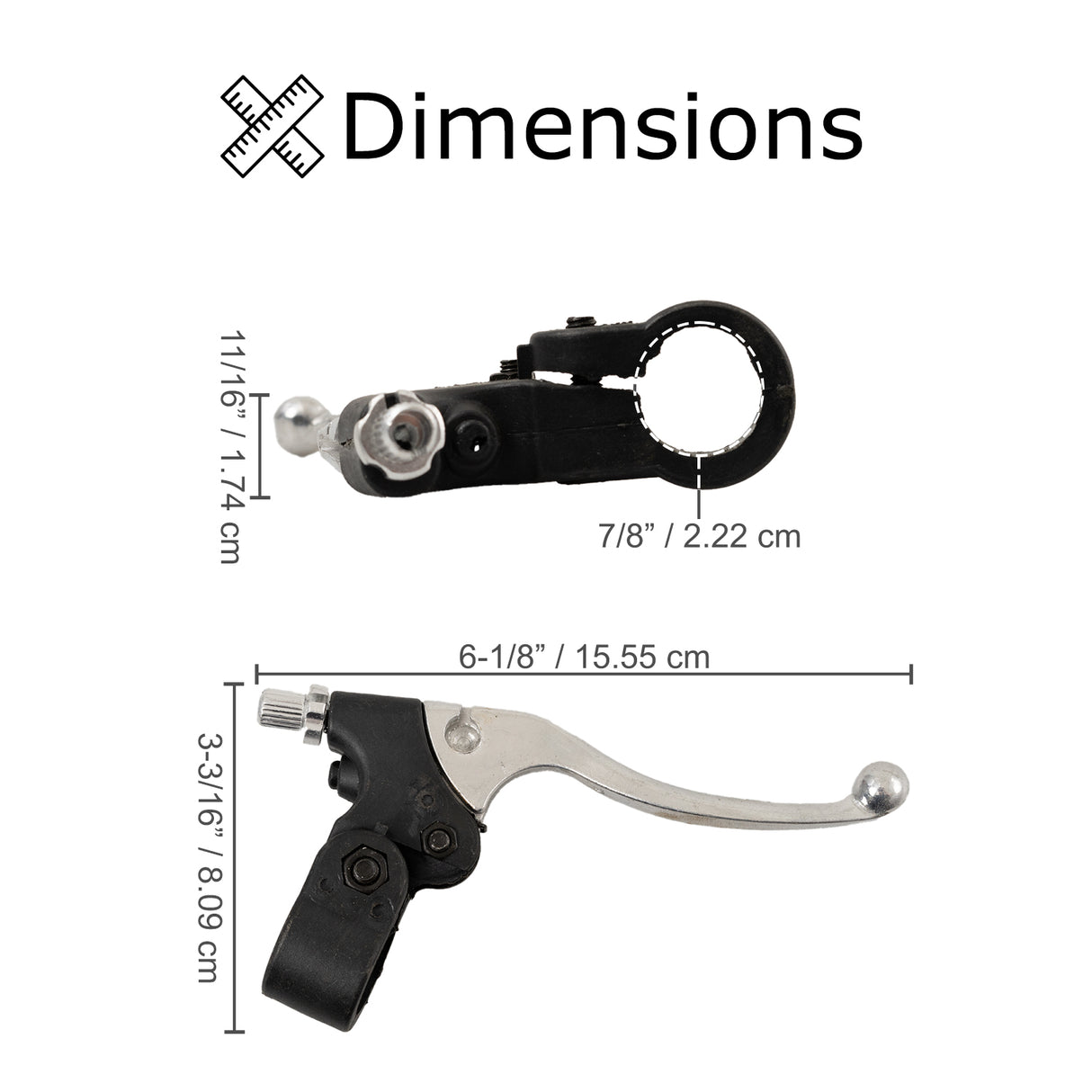 Brake Lever - Polished Aluminum (Left Side) shown in a detailed diagram, featuring a black plastic body and built-in return spring. Close-up views highlight the lever's polished finish and ergonomic design.