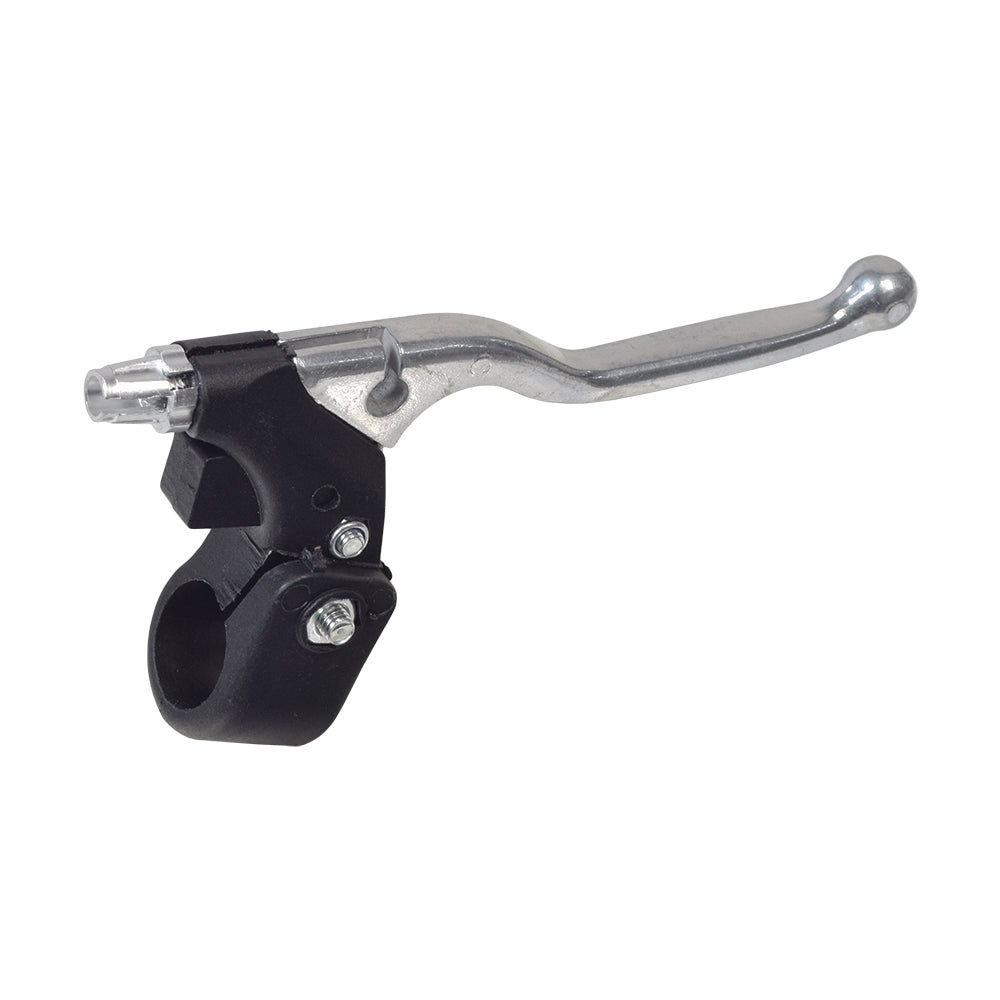 Left Brake Handle for the Coleman RB100 105cc Mini Bike featuring a chromed metal lever and a black plastic handlebar clamp, shown in close-up attached to a bike handlebar.