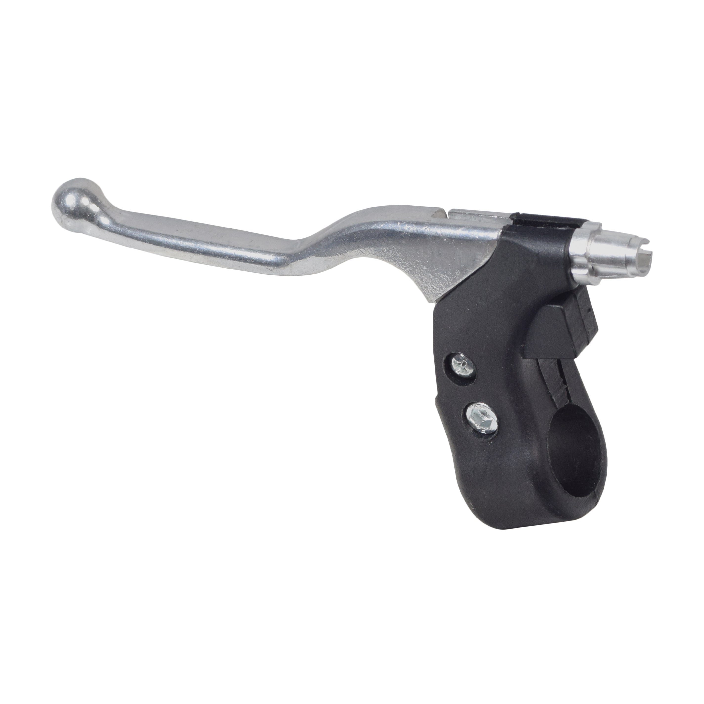 Left Brake Handle for the Coleman RB100 105cc Mini Bike featuring a chromed lever and a black plastic handlebar clamp, shown in close-up detail with visible screws and connectors.