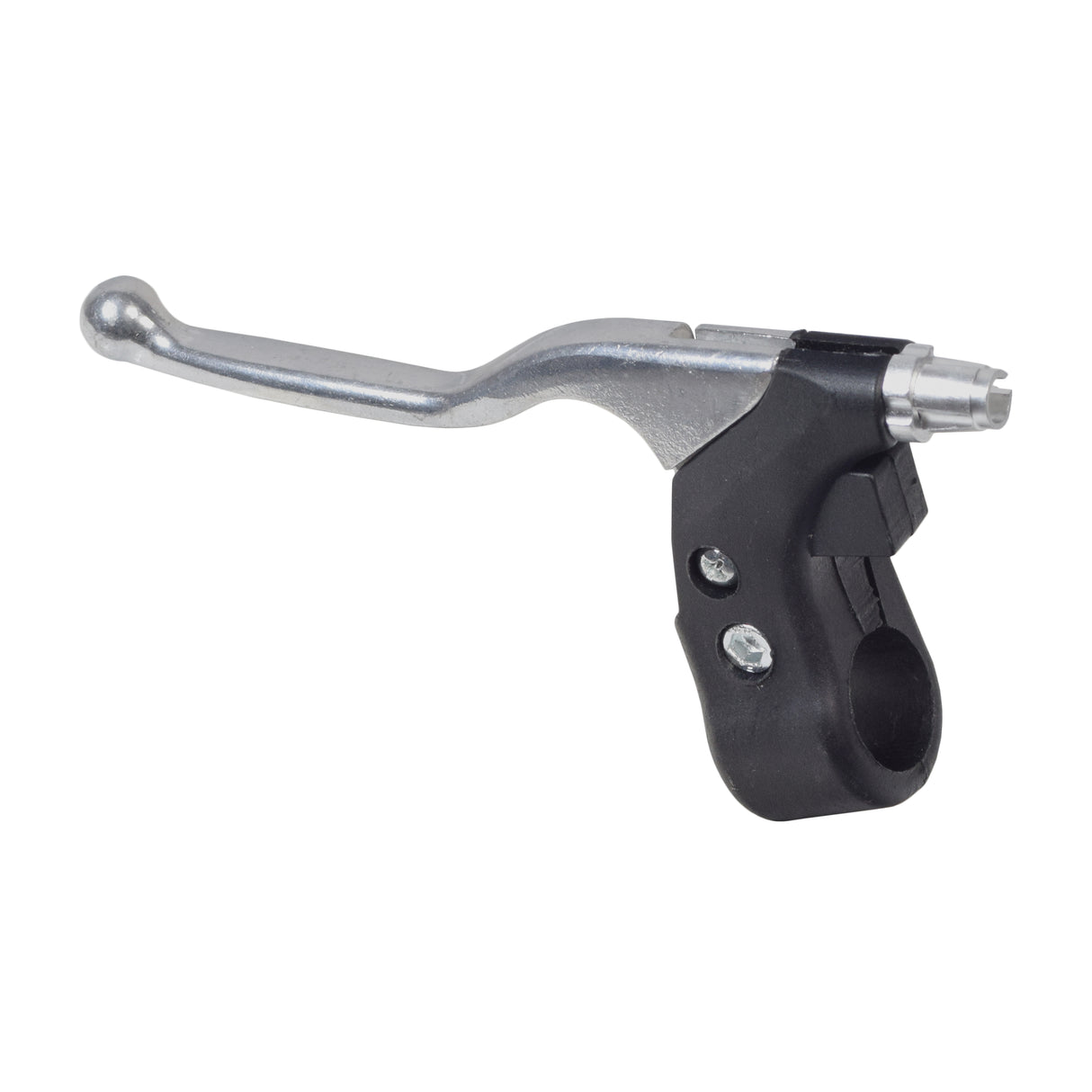 Left Brake Handle for Motovox MBX10 and MBX11 Mini Bikes, featuring a close-up of a black and silver metal lever, handlebar, and visible screws for secure attachment.