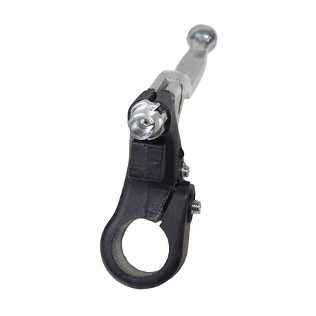 Left Brake Handle for Baja Doodle Bug (DB30) Mini Bikes, featuring a black and silver metal handle with a black grip, shown in a close-up of a bicycle part.