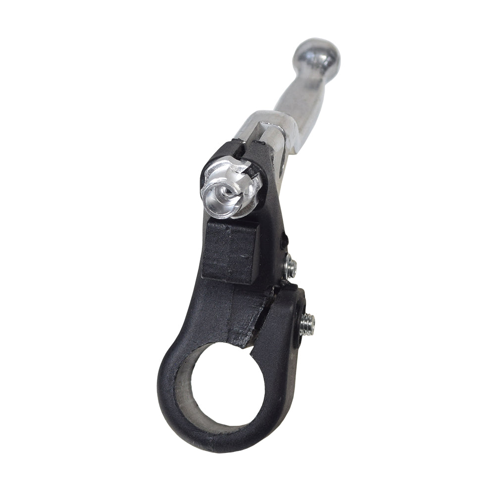 Left Brake Handle for the Coleman RB100 105cc Mini Bike, featuring a chromed lever and durable black plastic handlebar clamp, shown in a close-up of the bicycle part.