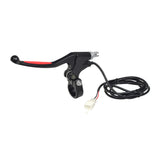 Black Aluminum Brake Lever with Wires, featuring a red rubber grip and two cables for brake light operation, shown in close-up with visible wiring harness for customization.