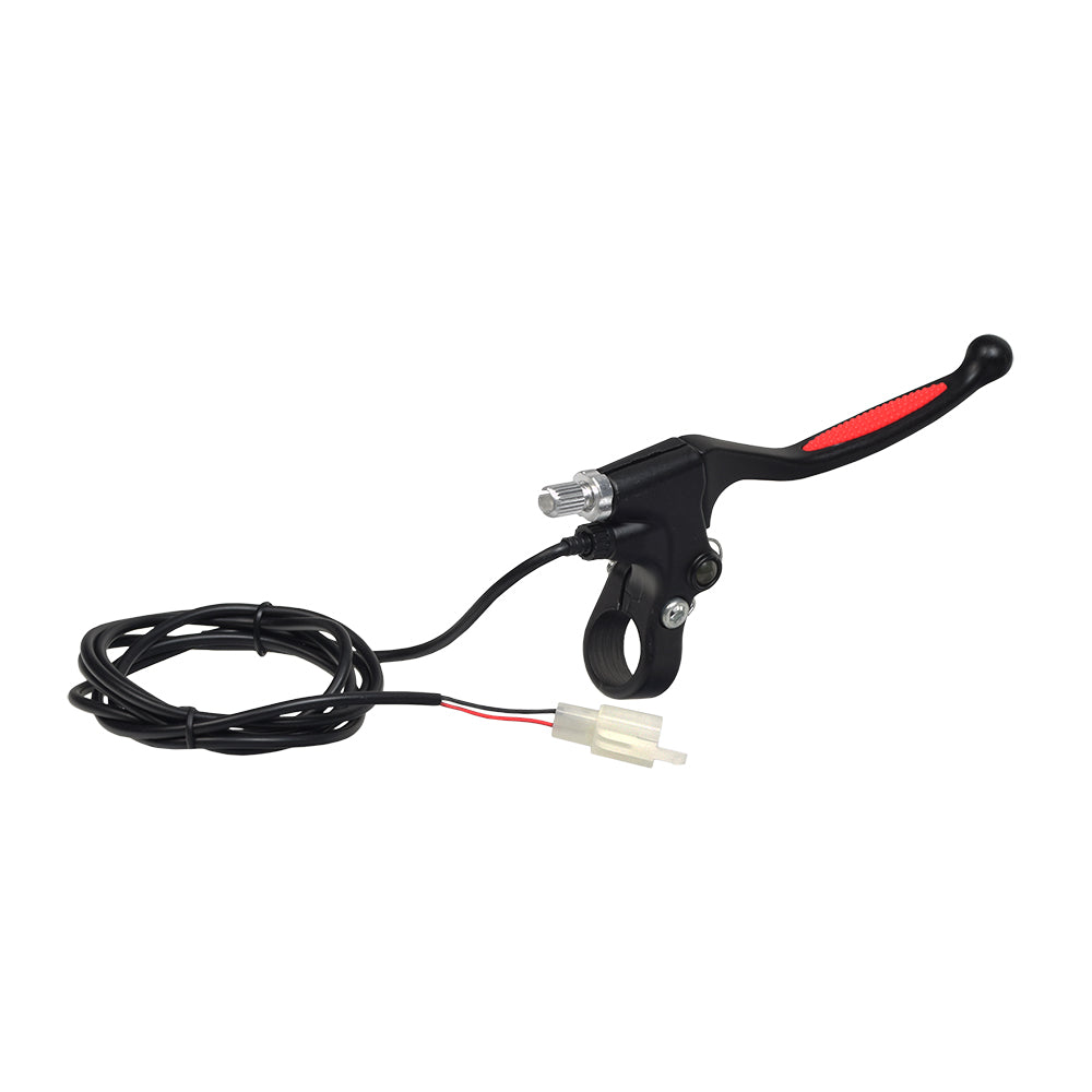 Black Aluminum Brake Lever with Wires, featuring a stylish red rubber grip and two wires. The plastic wiring harness is removable, ideal for either right or left side handlebar installation.