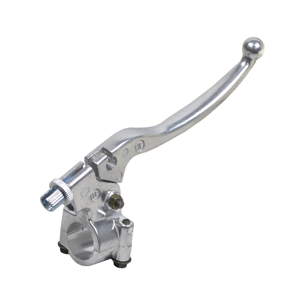 Left Brake Lever for the Baja Mini Bike MB165, featuring a sturdy silver metal design with an integrated screw, suitable for heavy-duty ATV braking systems.