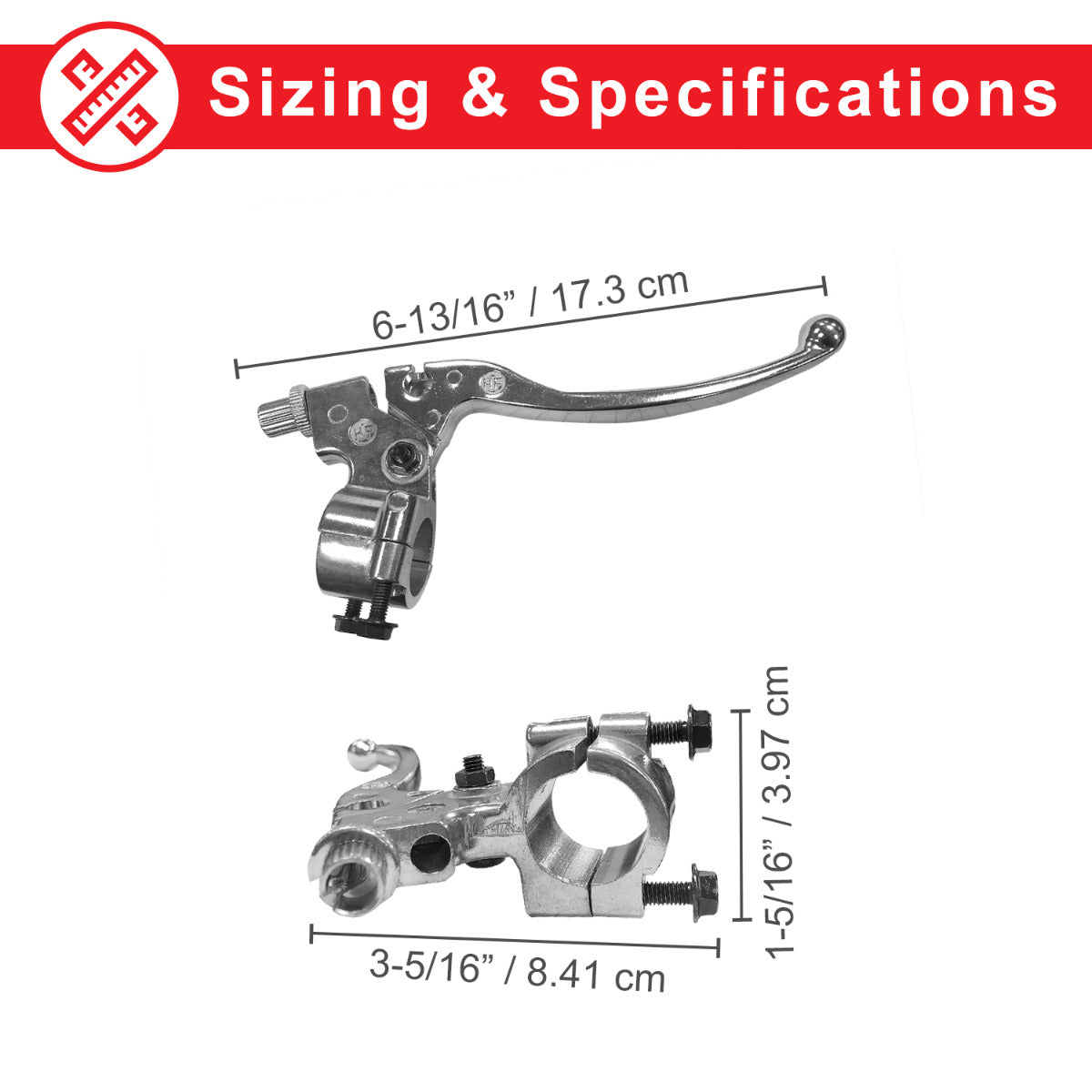 Left brake lever for the Baja Mini Bike MB165, featuring a close-up of the metal lever and its bolt, showcasing its robust design suitable for heavy-duty ATV braking systems.