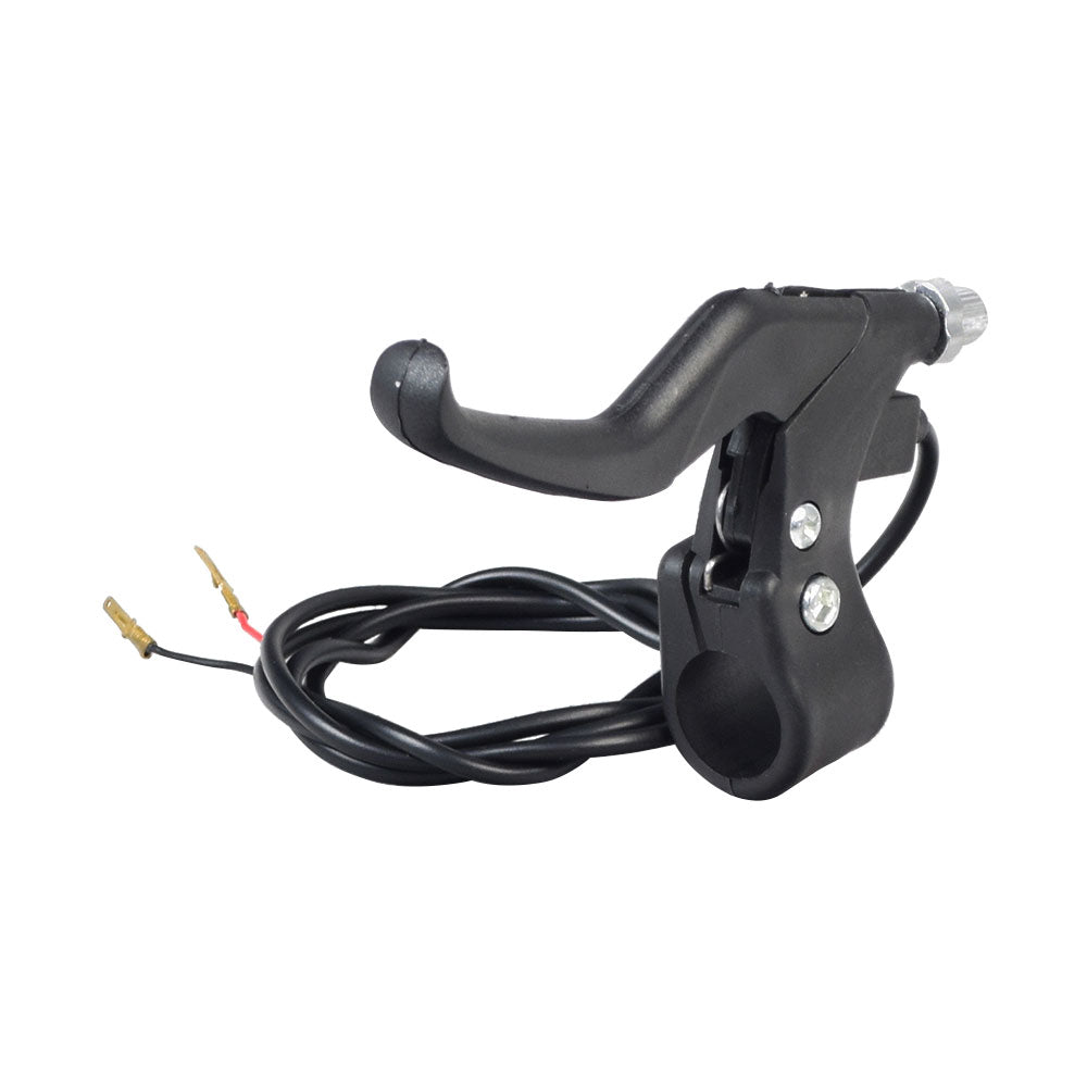 Black plastic brake lever with wires for left-hand handlebars, including a built-in return spring. Suitable for Minimoto and various electric scooters. Brake cable not included.