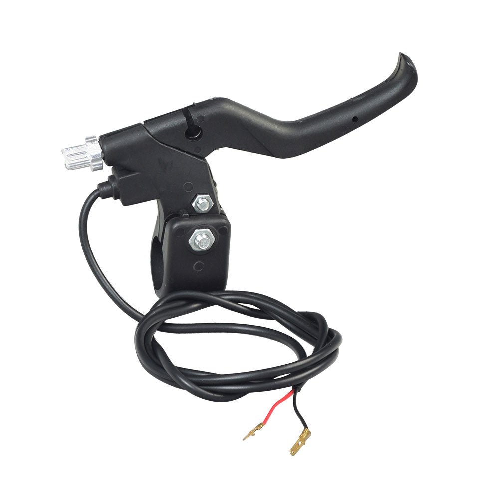 Electric Scooter Parts: Brake Lever with Wires - Black Plastic; shows a black handlebar lever with attached wires, suitable for left-hand use on electric scooters and pocket bikes.