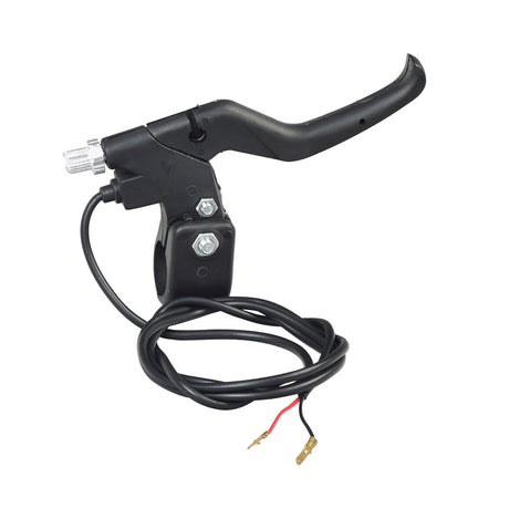 Left Side Brake Lever with Wires for the Razor MX125 Dirt Rocket Dirt Bike, featuring a short black handlebar, attached wires, and a cable connection with a gold object at the base.