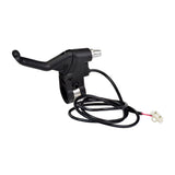 Short Handle Black Plastic Left Side Brake Lever with Wires, featuring a slightly shorter handle, built-in return spring, and a 2-wire connection, shown with a black handlebar and cable.