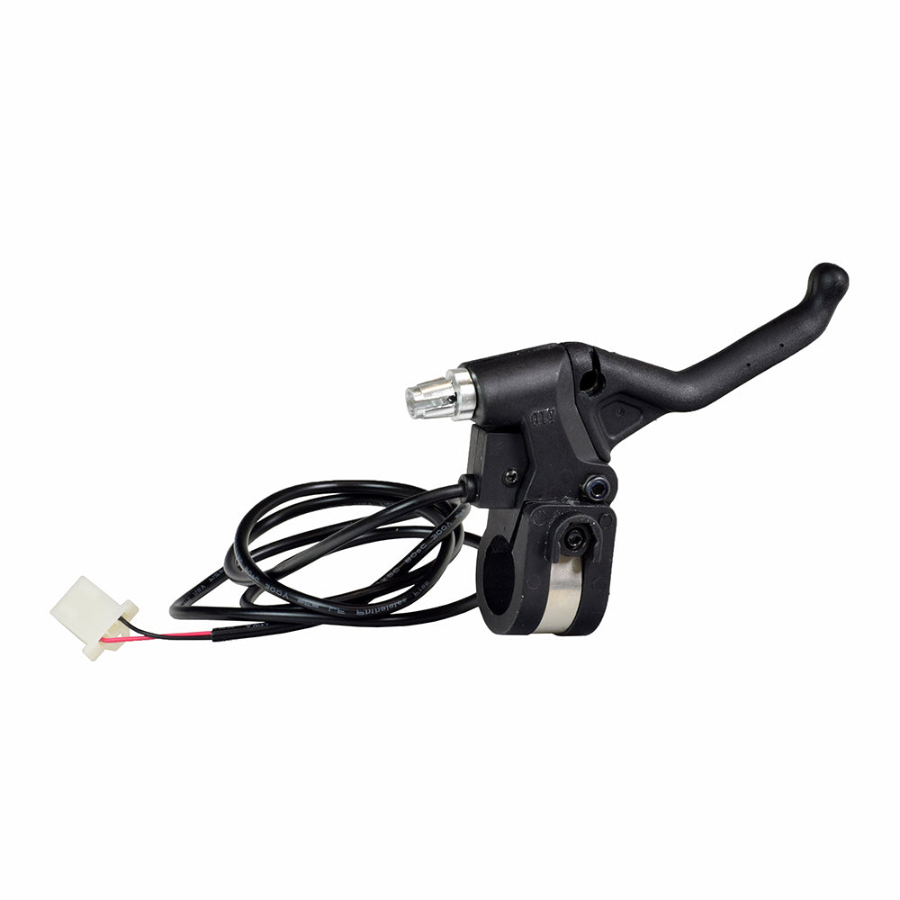 Short Handle Black Plastic Left Side Brake Lever with Wires, featuring a black and silver handlebar component designed for electric scooters, including a brake switch, 2-wire connection, and built-in return spring.