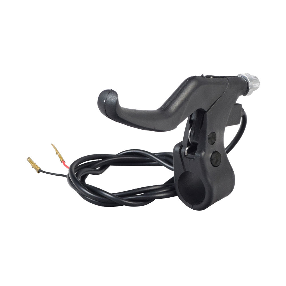 Short Handle Black Plastic Left Side Brake Lever with Wires featuring a built-in return spring and 2-wire connection, designed for electric scooters, visible black handlebar, and metal lever.