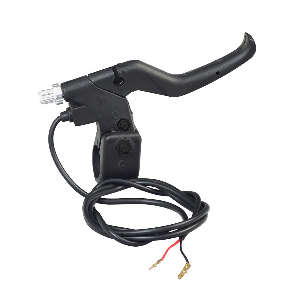 Short Handle Black Plastic Left Side Brake Lever with Wires featuring a slightly shorter handle, integrated brake switch, 2-wire connection, and built-in return spring, designed for electric scooters.