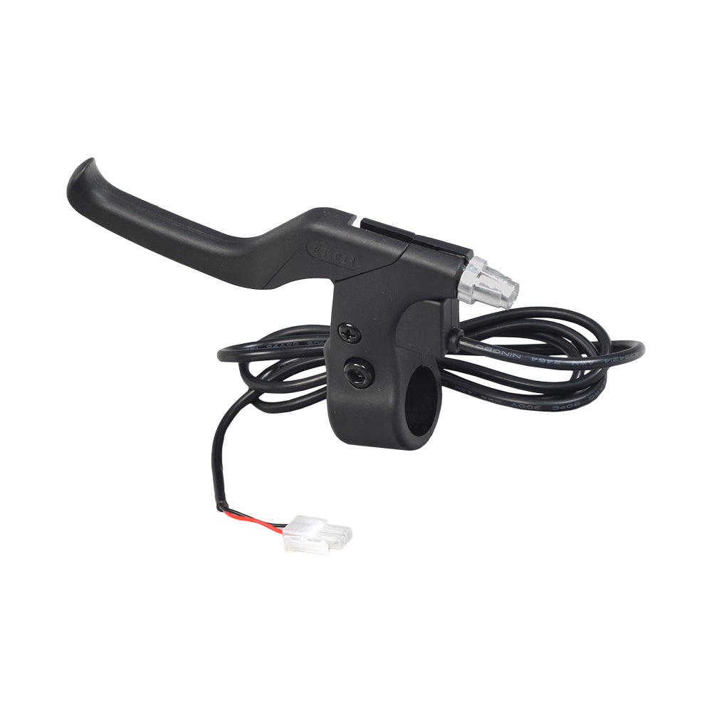 Brake Lever for Razor Power Core E90 (V1-2+) & Power Core E95 (V1+) Scooters, featuring a black handlebar with visible wires and a close-up of a screw, fully assembled with twin controller wires.