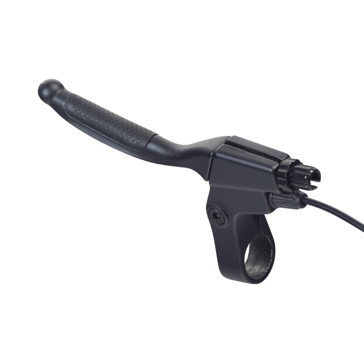 Left Side Brake Lever with Wires for the Swagtron EB5 Pro Electric Bike, featuring a close-up of the black handlebar, attached cable, and plastic ring with screw.