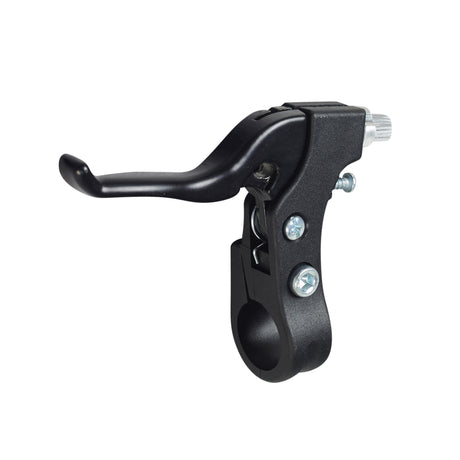 Brake Lever for the Mongoose Expo Freestyle Scooter, showing a close-up of the black handlebar with screws, highlighting the intricate metal components and assembly details.