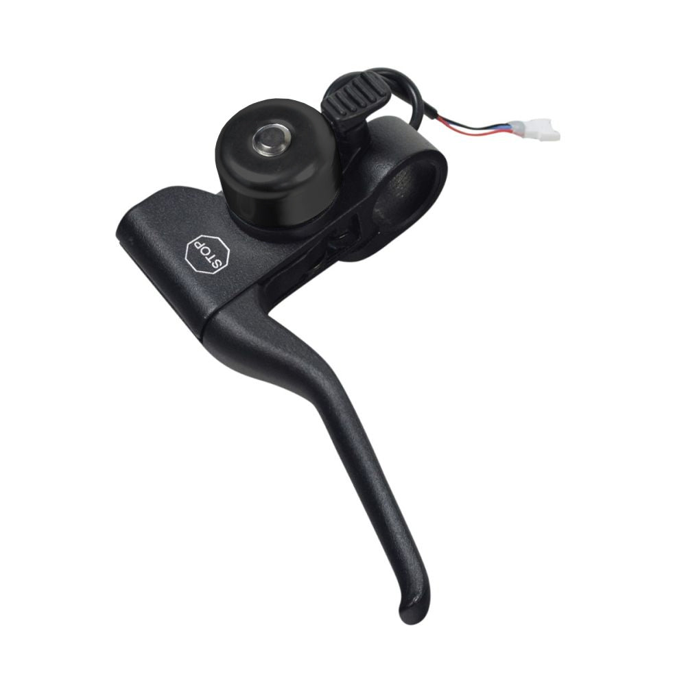 Brake Lever with Bell for GOTRAX Electric Scooters, featuring a close-up view of the black handlebar and round handle, with an integrated safety bell mounted on the clamp and enclosed brake cable.