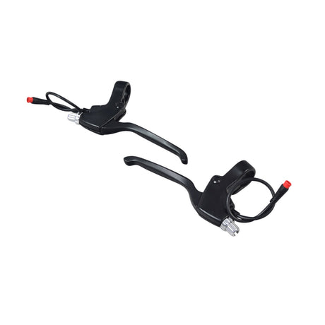 Brake Lever with Wiring Harness & Round 2-Pin Waterproof Connector for Electric Bikes (Set of 2), showing two black alloy levers with attached cables and connectors, designed for left and right sides.