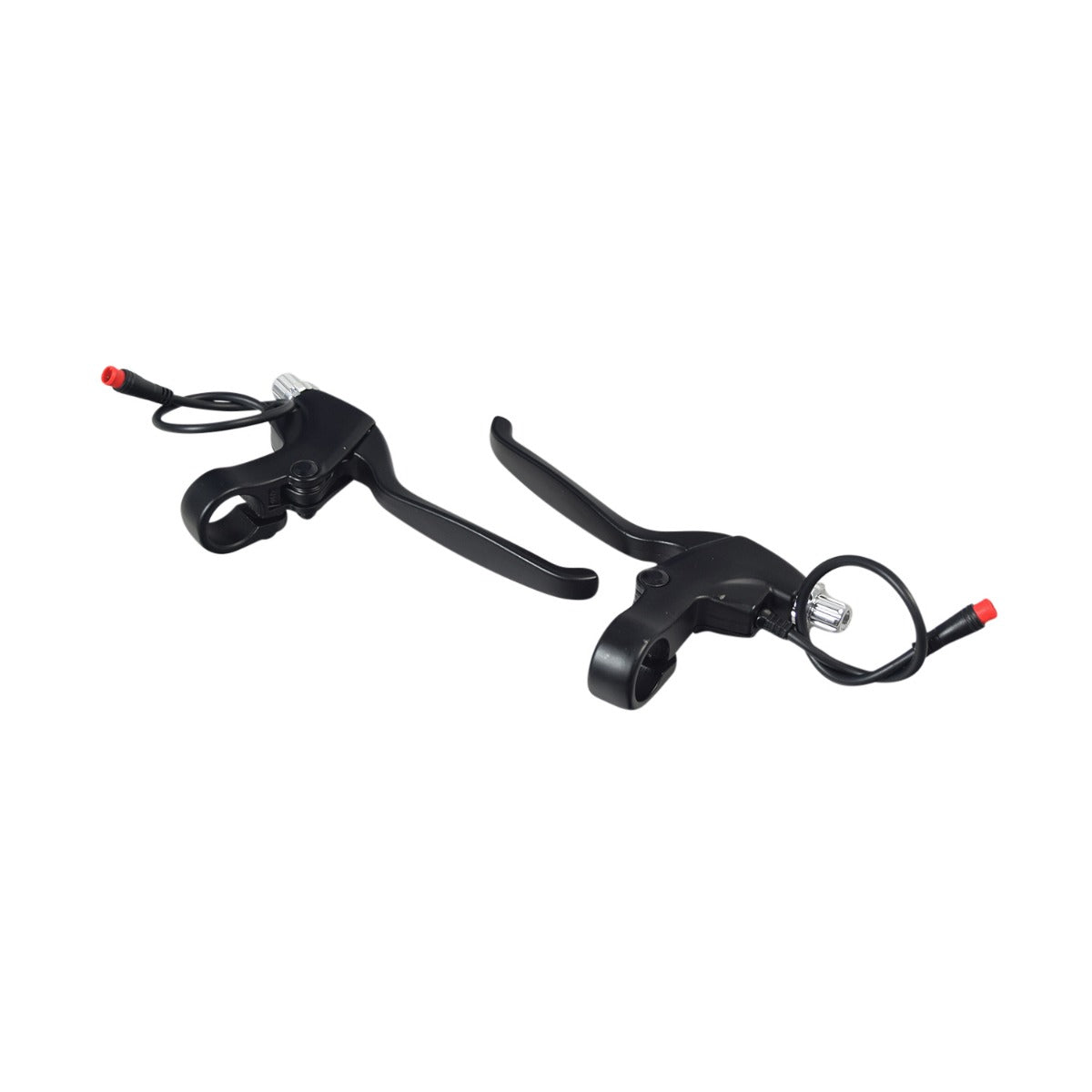 Brake Lever with Wiring Harness & Round 2-Pin Waterproof Connector for Electric Bikes (Set of 2) showing black alloy levers with attached wire harness and connectors for left and right-side use.