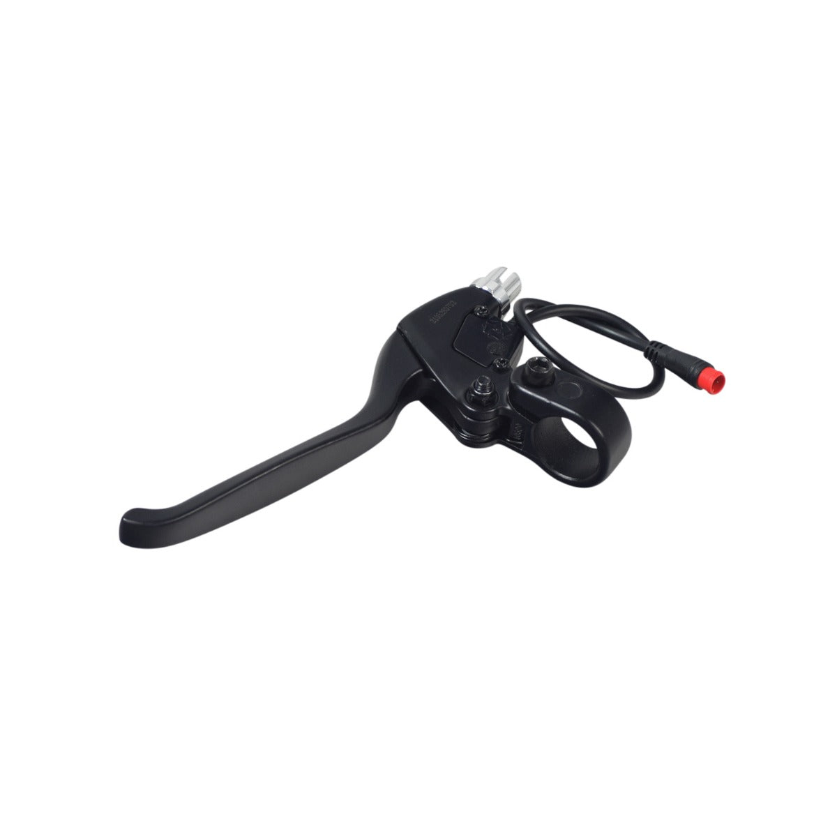 Brake Lever with Wiring Harness & Round 2-Pin Waterproof Connector for Electric Bikes (Set of 2), showing a close-up of the black handlebar with an attached red cable.