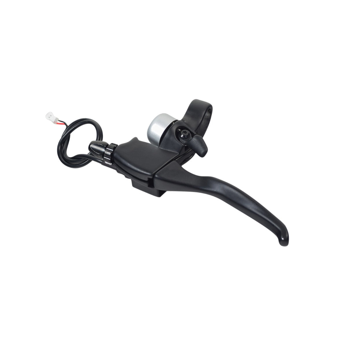 Brake Lever with Bell for Electric Bikes & Scooters featuring a black aluminum handlebar, integrated polished aluminum bell, and attached 14 wiring harness.