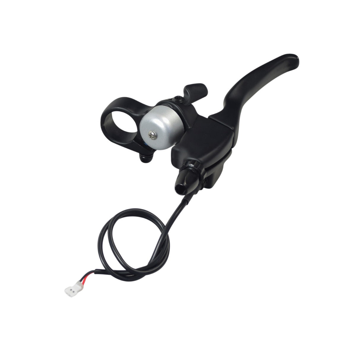 Brake Lever with Bell for Electric Bikes & Scooters featuring a black aluminum handle and integrated polished bell, shown with a wiring harness for the rear taillight.