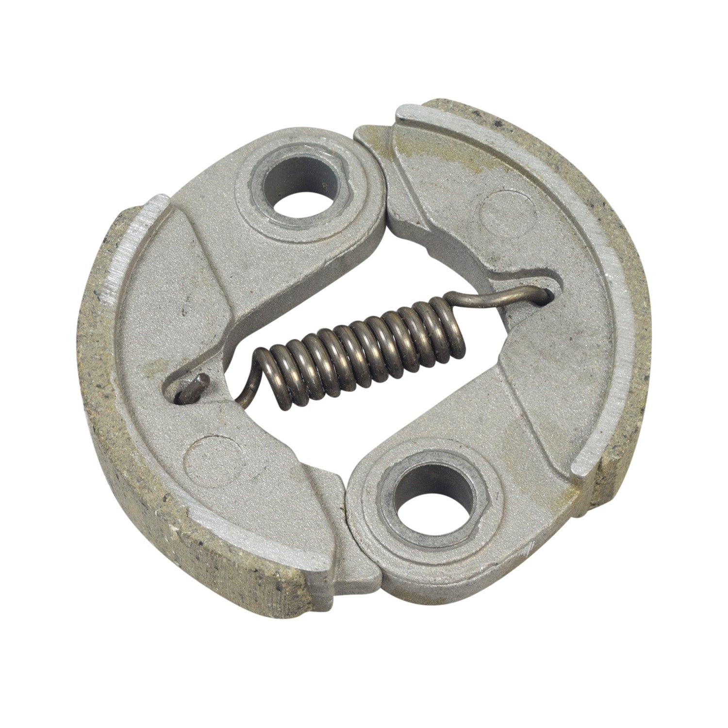 Clutch Pad Assembly with 2 Shoes: Close-up of a metal spring and round metal components, essential for 36cc-52cc two-stroke gas scooter engines and compatible with various scooter brands.