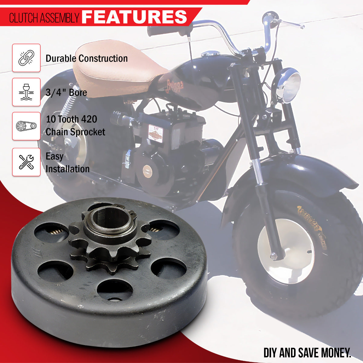 3/4 Bore Clutch Assembly with 10-Tooth #420 Chain Sprocket for the Massimo Warrior 200 MB200 Mini Bike, showcasing a close-up of the metal gear and chain sprocket mechanism.