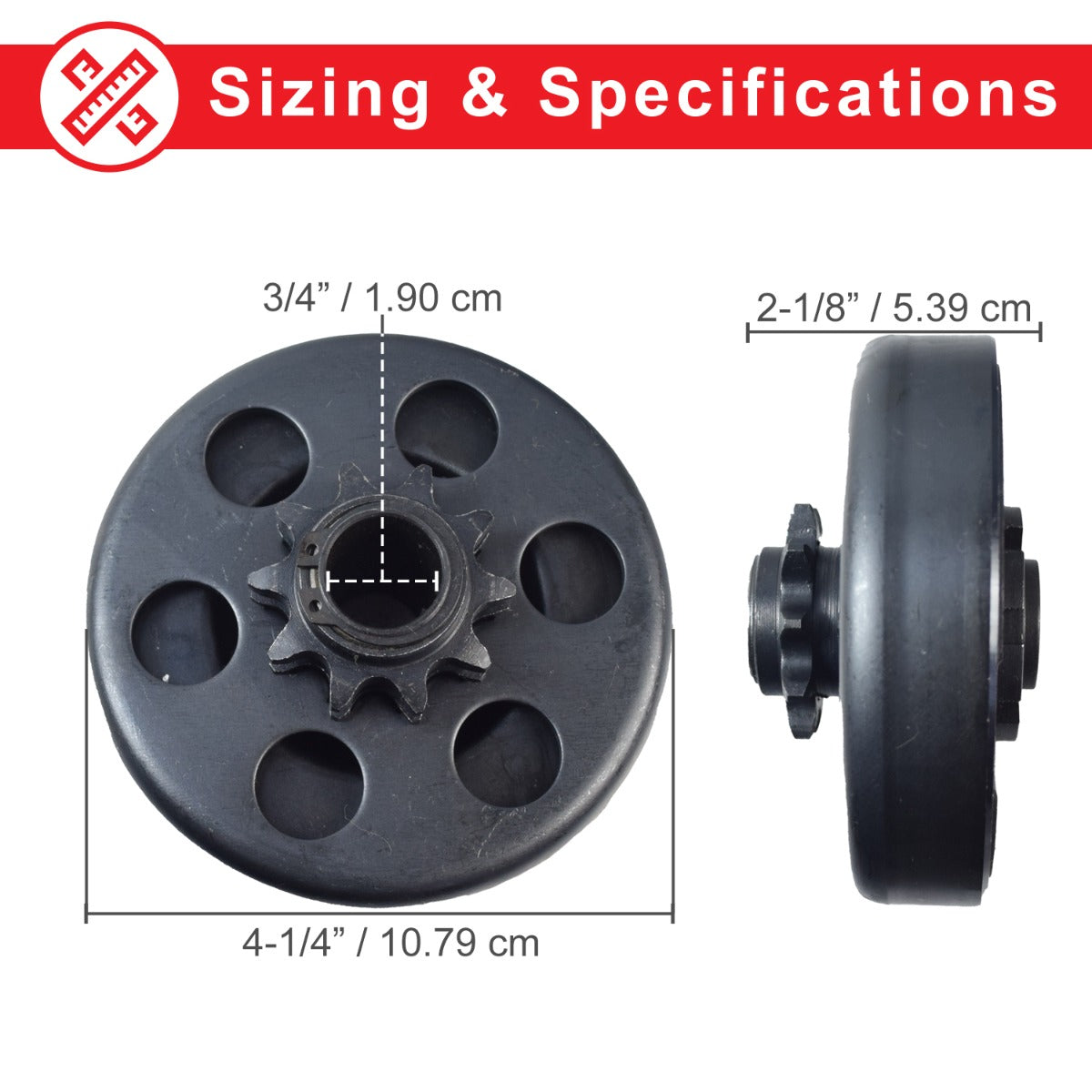 3/4 Bore Clutch Assembly with 10-Tooth #420 Chain Sprocket for the Massimo Warrior 200 MB200 Mini Bike, featuring a black metal roller with a sprocket and a close-up of the gear's center hole.