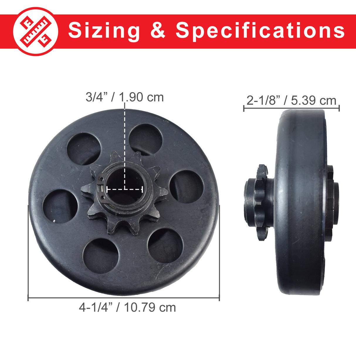 Clutch Assembly with 3/4 Shaft & 10 Tooth 420 Chain Sprocket for the Baja Mini Bike MB165 & MB200, featuring a black metal roller with a sprocket and gear wheel.