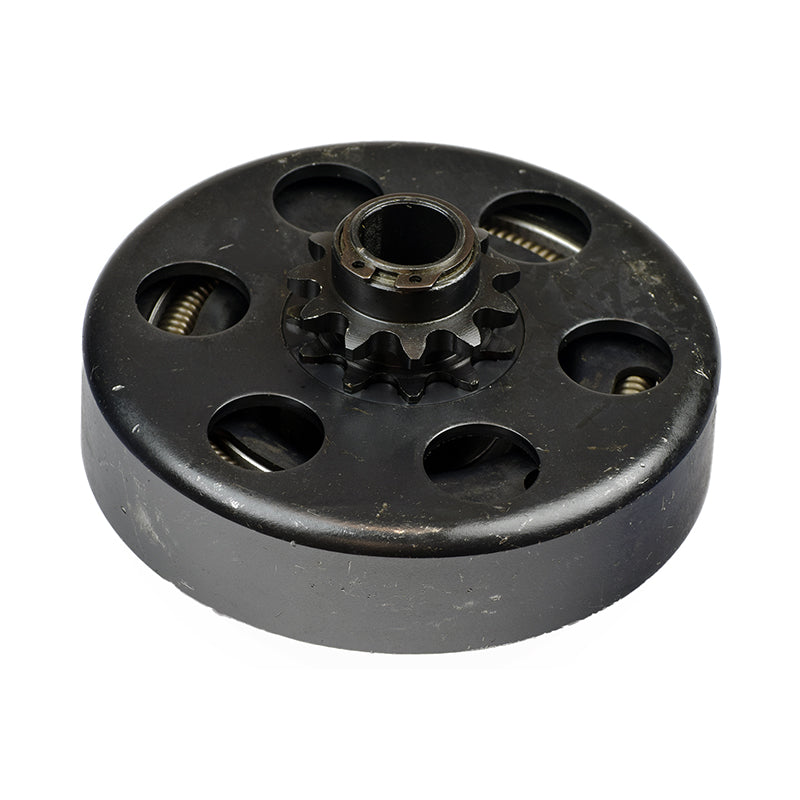 Clutch Assembly with Front Sprocket for 80cc Motovox Go-Karts, featuring a black circular design with holes and an 11-tooth sprocket, essential for power transfer from engine to drive chain.