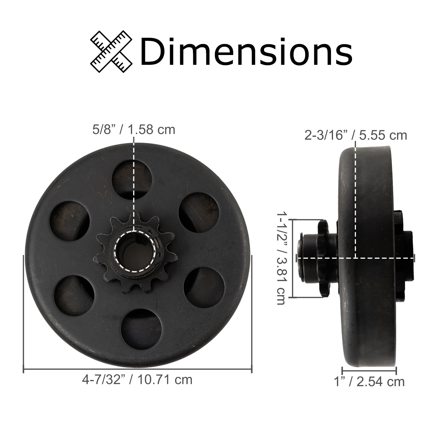 Clutch Assembly with 11 Tooth 5/8 Shaft for Motovox MBX10 and MBX11 Mini Bikes, showing a detailed close-up of the black gear wheel and sprocket, essential for transferring engine power to the drive chain.