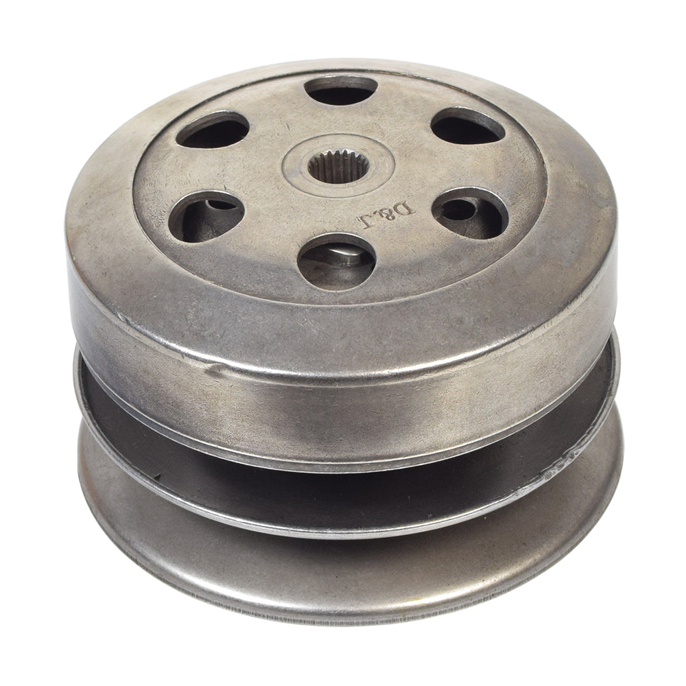 Complete Clutch Assembly (Driver Pulley) for the Baja Retro 50 (RT50) and Sun City 50 (SC50S), featuring a round metal design with multiple holes, essential for scooter performance.