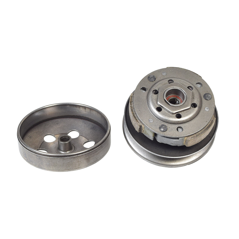 Complete Clutch Assembly (Driver Pulley) for the Baja Retro 50 (RT50) and Sun City 50 (SC50S), featuring a round metal object with multiple holes, precisely machined for optimal performance.