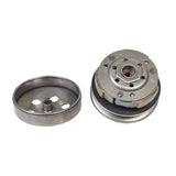 Complete Clutch Assembly (Driver Pulley) for the Baja Retro 50 (RT50) and Sun City 50 (SC50S) (Blemished), featuring a round metal object with multiple holes and intricate design.