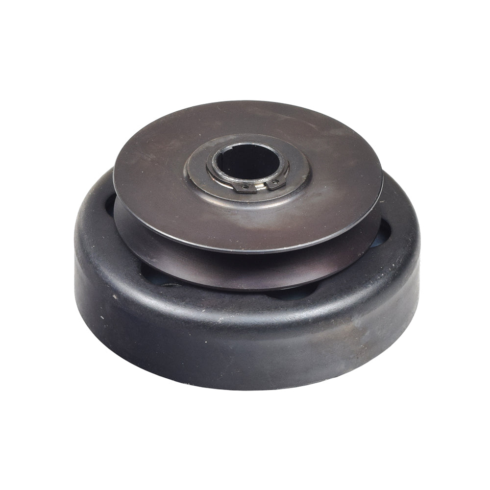 Clutch Assembly with 3/4 Shaft & Belt Pulley for Go-Karts & Mini Bikes, featuring a robust black metal pulley and circular design, perfect for enhancing DIY go-kart and mini bike projects.