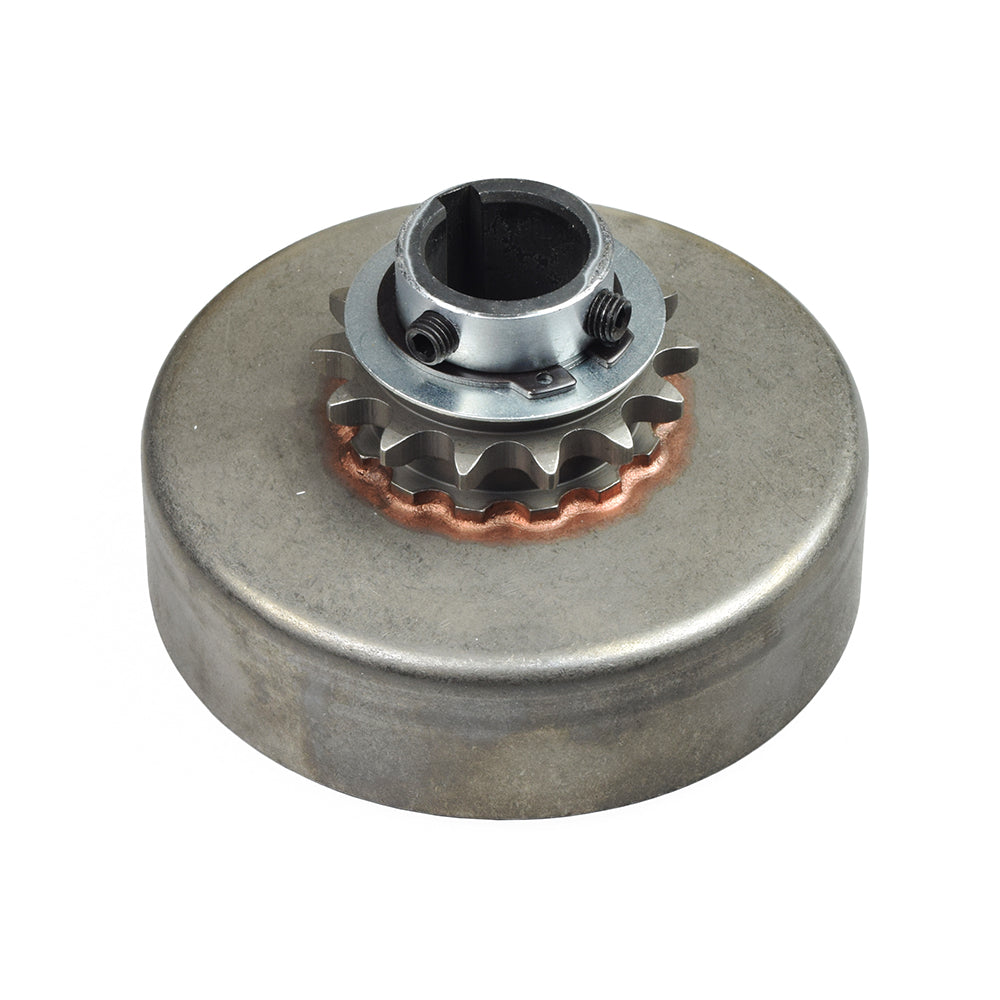 Heavy Duty Clutch Assembly with 1 Bore & #40/41/420 Chain Sprocket for Go-Karts & Mini Bikes, featuring a metal circular gear with a central hole, close-up view.