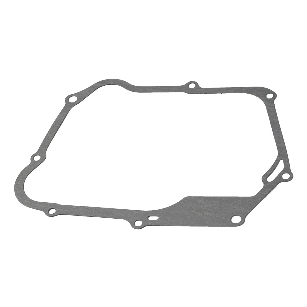 Clutch Cover Gasket for 110cc ATVs, Go-Karts, & Dune Buggies; a metal gasket with multiple holes designed for various models, including Kandi and Honda Trail engines, on a white background.